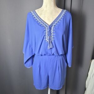 White House Black Market Blue Romper Size 6 Embroidered Tassel Boho